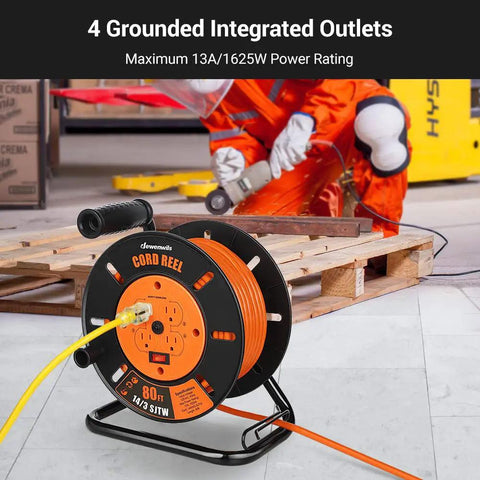 80 Ft Heavy Duty Retractable Extension Cord Reel With 4 Grounded Outlets, 13A Circuit Breaker on metal stand indoors