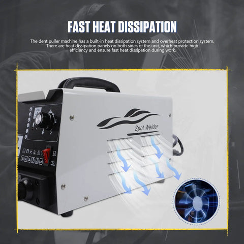Pro Grade 3500W 220V Spot Welder Dent Puller Car Body Repair Kit showing fast heat dissipation system in white.