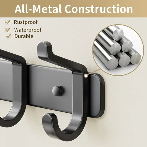 Wall Mounted Heavy Duty Metal Coat Rack With Six Hooks For Coats Hats Bags Robes Keys And Towels Entryway Mudroom Or Closet Organizer In Rust Resistant Black Finish, showcasing durable rustproof construction.