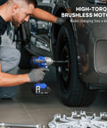 Person using 20V Cordless Brushless Impact Wrench Kit With Beefy 370 Ft Lbs Max Torque, Half Inch Drive to remove tire