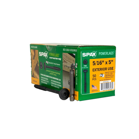 Box of 5/16 Inch By 5 Inch Exterior Washer Head Structural Wood Lag Screws With Torx T-Star Drive, 50 Count, with screw and bit.
