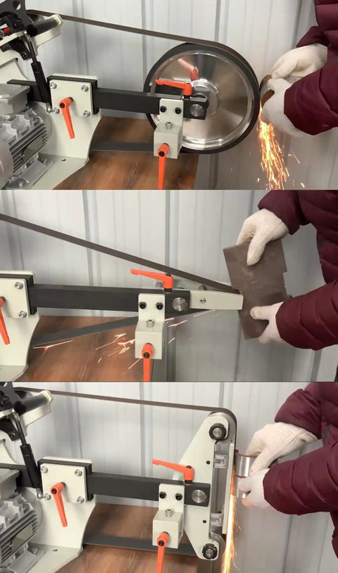 Professional Grade Variable Speed Belt Sander Bench Grinder using 72 inch belts to sharpen metal tools and knives.