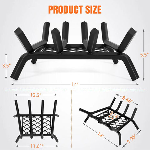14 Inch Fireplace Log Grate With Ember Retainer Heavy Duty Steel Firewood Rack, showing size dimensions and four-leg design.