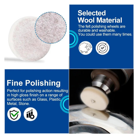 Selected wool material polishing wheel designed for rotary tools, ideal for fine polishing on various surfaces.