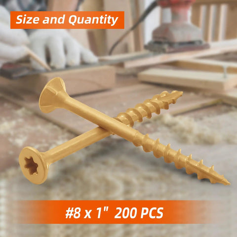 Tan Coated Outdoor Deck Screws 8 x 1 Inch Self Tapping Wood Screws With Torx Star Drive Coarse Threads For Exterior Use 200 Pack