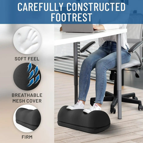 Adjustable Cloud Foot Rest Under Desk For Work Memory Foam Foot Stool with Pressure Point Nodes shown under a desk setup