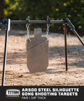 Two Pack AR500 Steel Silhouette Targets For Precision Target Shooting, 20 Inch By 12 Inch hanging on metal stand outdoors