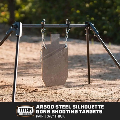 Two Pack AR500 Steel Silhouette Targets For Precision Target Shooting, 20 Inch By 12 Inch hanging on metal stand outdoors