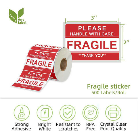 Roll of Fragile Stickers 2x3 Inches For Shipping And Moving With Permanent Adhesive 500 Labels On One Roll Please Handle With Care Do Not Drop Warning Labels