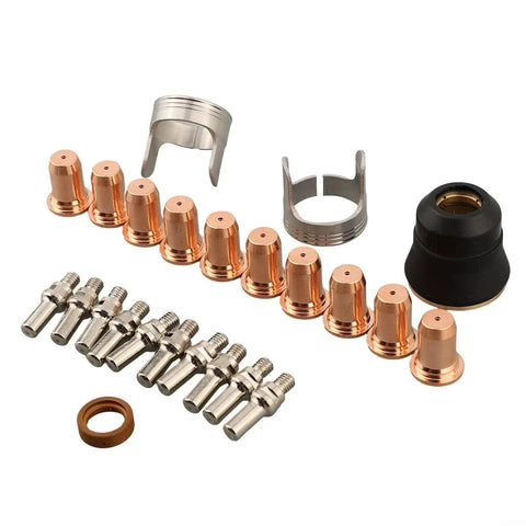 Premium 24 Piece Plasma Cutter Consumables Kit With Electrodes And Nozzles Compatible With Harbor Freight 62204 Machine showing copper nozzles and fittings.
