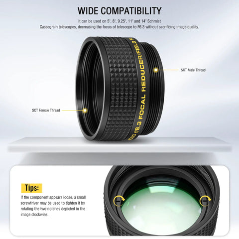 F Six Point Three Reducer Corrector For C Series Telescopes And Celestron SCTs Shrinks Focal Length By Thirty Seven Percent Boosts Field Of View And Delivers Focal Reduction And Field Correction showing SCT thread compatibility
