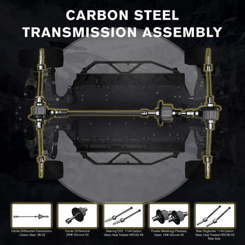 Carbon steel transmission assembly in Beastly Brushless 1/10 RC Rally Car Ready To Run With 4WD Waterproof Electronics