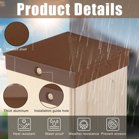 8 Pack 4x4 Aluminum Pyramid Post Caps Brown for All Weather Outdoor Fence and Deck Posts 3.5 x 3.5 to 3.625 Inch Includes 16 Screws Weatherproof Post Covers for Mailbox Dock with water droplets showing weather resistance, frosted shell and installation guide hole on wood post.