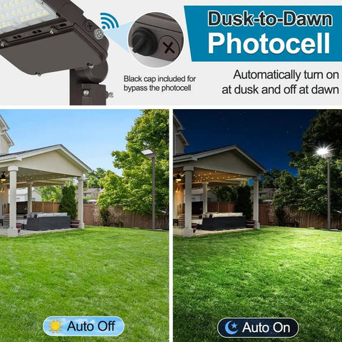 Power Saving 150W LED Parking Lot Light With Dusk To Dawn Sensor, showing day and night modes in outdoor setting