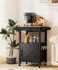 Slick Rolling Kitchen Cart With Microwave Stand And Storage Cabinet And Drawer, Compact Coffee Cart With Side Hooks And Towel Rod, Smooth Lockable Swivel Wheels, Built Tough, Black Finish in a modern home setting.