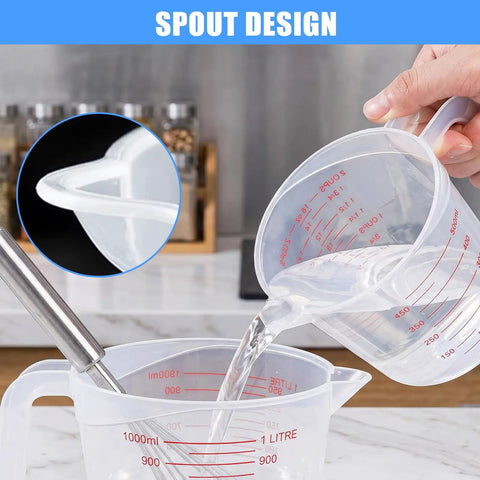 Pouring water from Three Pack Measuring Cups Set 250ml 500ml 1000ml BPA Free Non Toxic Durable Kitchen Tools for precise cooking