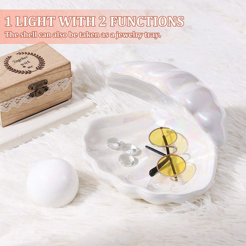 Ceramic Shell Pearl Light LED Clam Tabletop Lamp For Beach Room Decor with jewelry displayed in open shell design
