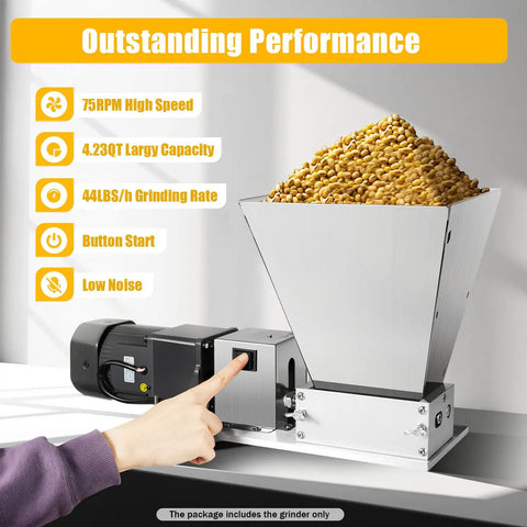 Real Workhorse Electric Grain Grinder With Four Detachable Hoppers, Heavy Duty Countertop Mill For Wheat Corn Barley And Coffee Beans, Hella Fast Sixty Watt Motor For Slick Daily Grinding showing grains in hopper.