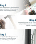 Three installation steps for Heavy Duty Picture Hanging J-Hooks For Mirrors, Art and Frames Built Tough Adjustable Leveling System Hangers.