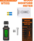 5 In 1 Moisture Meter For Wood And Building Materials With Three-Color Alert, Five Detection Modes, High-Precision Probe Built For DIYers In Woodworking, Construction, Mold Prevention And More; black handheld tool, batteries, manual, and accessories