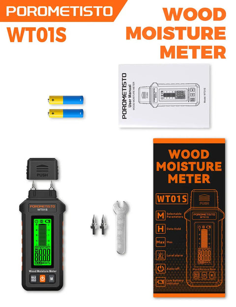 5 In 1 Moisture Meter For Wood And Building Materials With Three-Color Alert, Five Detection Modes, High-Precision Probe Built For DIYers In Woodworking, Construction, Mold Prevention And More; black handheld tool, batteries, manual, and accessories