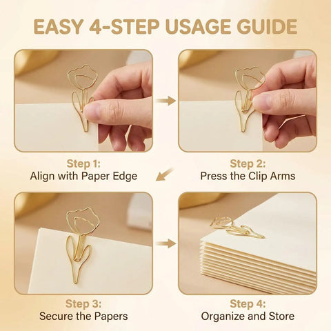 Easy 4-step guide for using 60 Piece Gold Flower Shaped Paper Clips Set for Office and Planner Use on documents.
