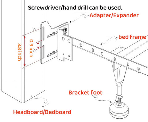 Heavy Duty 2 Pack Full To Queen Bed Conversion Kit With Sturdy Steel Headboard Brackets For Metal Frames, installation diagram with measurements.