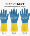 Size chart for Heavy Duty 20 Mil Neoprene Latex Blend Work Gloves With Knockout Non Slip Palm Grip, showing sizes M, L, XL.