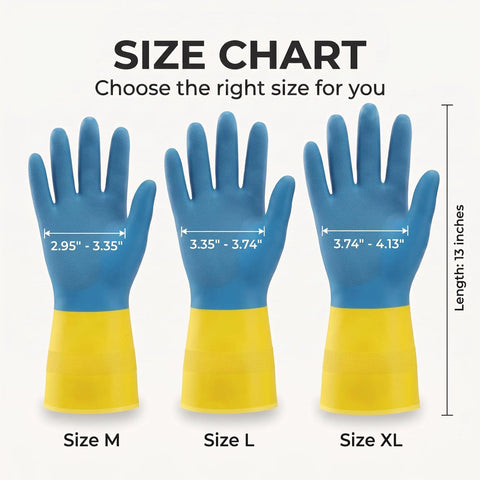 Size chart for Heavy Duty 20 Mil Neoprene Latex Blend Work Gloves With Knockout Non Slip Palm Grip, showing sizes M, L, XL.