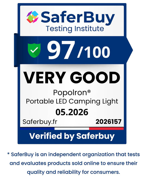SaferBuy certificate for Popolron Portable LED Camping Light with 97/100 rating, very good quality assurance