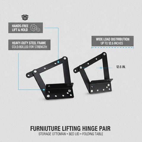 Heavy Duty Lifting Hinge Pair for DIY Furniture Projects Cold Rolled Steel Support, black finish, shown with 12.6-inch span