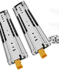 Undermount Drawer Slides One Pair 34 Inch Full Extension Ball Bearing Rails Quiet Side Mount Locking Glides Beefy Heavy Duty 500 Lb Capacity for Home Office RV Tool Box Garage, shown with steel construction and orange locking mechanism.