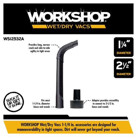 Flexible Crevice Tool Attachment for Wet Dry Vacuum Cleaners, Slim Reach for Tight Spaces, Fits Most 1 1/4 Inch and 2 1/2 Inch