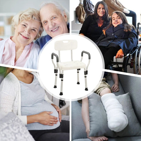 Foldable Shower Chair With Arms And Back, Heavy Duty 330 Lb Capacity, Adjustable Height 27.2 To 31.9 Inches, White Aluminum Alloy Bath Stool surrounded by seniors, disabled, and pregnant people