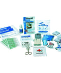 First aid kit refill for 25-person business use; 89 pieces with American Red Cross guide.
