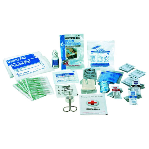 First aid kit refill for 25-person business use; 89 pieces with American Red Cross guide.