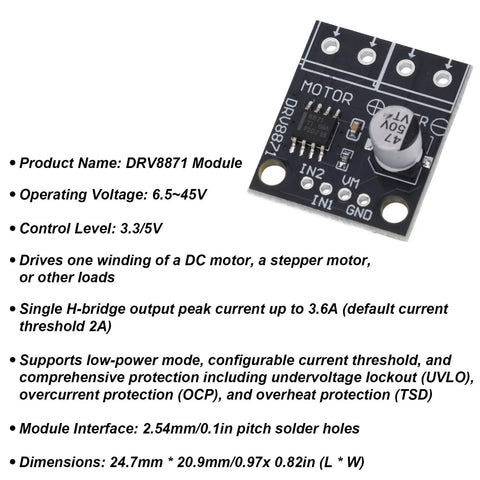 Beefy H Bridge DC Motor Driver Module With PWM Control From 6.5 To 45V Range And 3.6A Peak Current Perfect For Robotics DIY Projects Delivers Low RDS On For Smooth Dope Motor Performance., DRV8871 PCB module, 24.7x20.9mm
