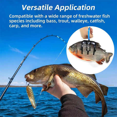 Angler using 3 Claw Fish Gripper with Metal Pliers and hook, illustration inset with fish gripping tool usage.
