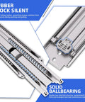 Close-up of Beefy 500Lb Capacity Heavy Duty Drawer Slides with ball bearing and rubber block silent features.