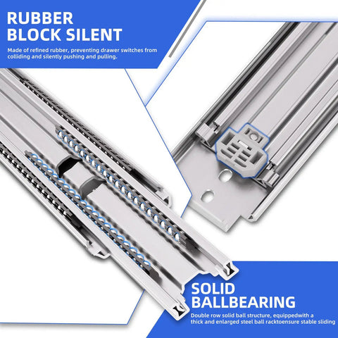 Close-up of Beefy 500Lb Capacity Heavy Duty Drawer Slides with ball bearing and rubber block silent features.