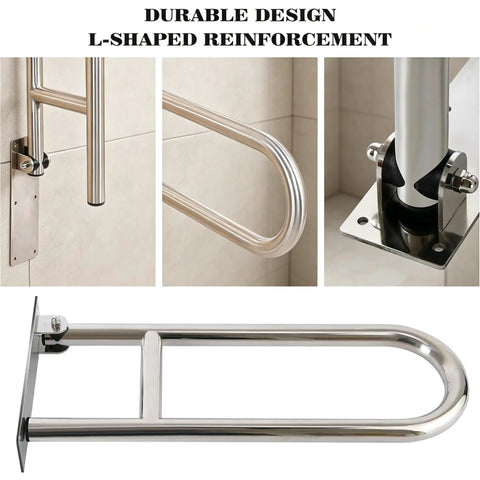 Foldable 24 Inch Stainless Steel Grab Bar for Toilet and Shower Wall Mounted Safety Bar 1.25 Inch Diameter Polished Finish supports 300 lbs scene with L-shaped reinforcement and secure mounting.