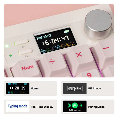 Level Up Your Desktop Rig With This Full Size Mechanical Keyboard Featuring A Built In Display And Tuning Dial 104 Keys Built Different For Comfort With A Huge 8000Mah Battery For Flawless Typing showing display and tuning dial.