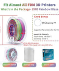 Rainbow Blaze Matte Color Changing PLA Filament package with spool, storage bag, and box for FDM printers
