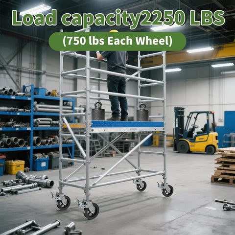 Built Tough Heavy Duty Eight Inch Scaffolding Wheels With Steel Casters And Dual Locking Brakes 1.25 Inch Stem Set Of Four on a scaffolding.