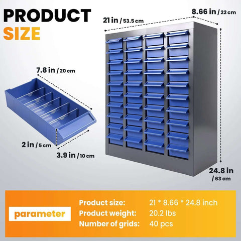 Beefy Heavy Duty Small Parts Storage Organizer With 40 Blue ABS Drawers, 25 Inch High Steel Nuts And Bolts Cabinet