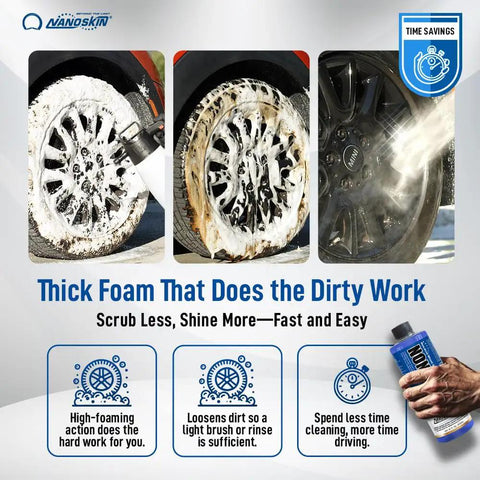 Pro Grade Wheel And Tire Cleaner Concentrate 4 To 1 Dilution Thick Foamy Formula Lifts Brake Dust Oil Dirt And Light Corrosion For Easy Car Detailing Safe On Finishes Works With Tire Brush 16 Oz Bottle, foaming on dirty wheel
