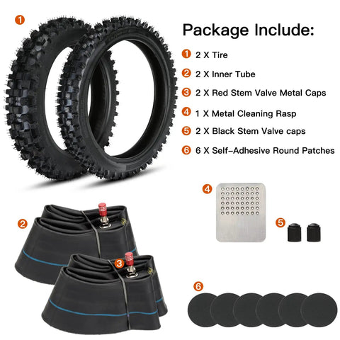 Dual Front 2.50-14 And Rear 3.00-12 Tire Tube Set with tires, tubes, valve caps, rasp, and patches included for dirt bikes