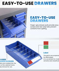 Close-up view of 100 Drawer Parts Cabinet For Tools And Hardware Organization with opened blue drawers showing dividers and labels.