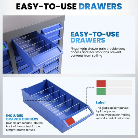 Close-up view of 100 Drawer Parts Cabinet For Tools And Hardware Organization with opened blue drawers showing dividers and labels.