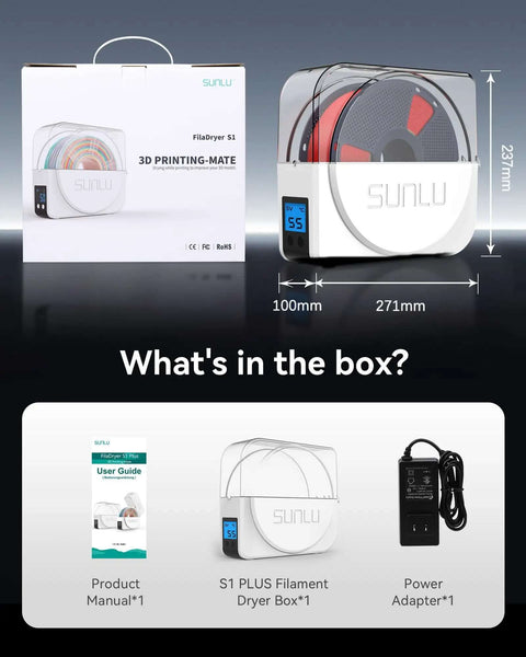 Filament Dryer And Storage Box With Built In Circulation Fan for 3D Printer Filaments packaging and contents overview